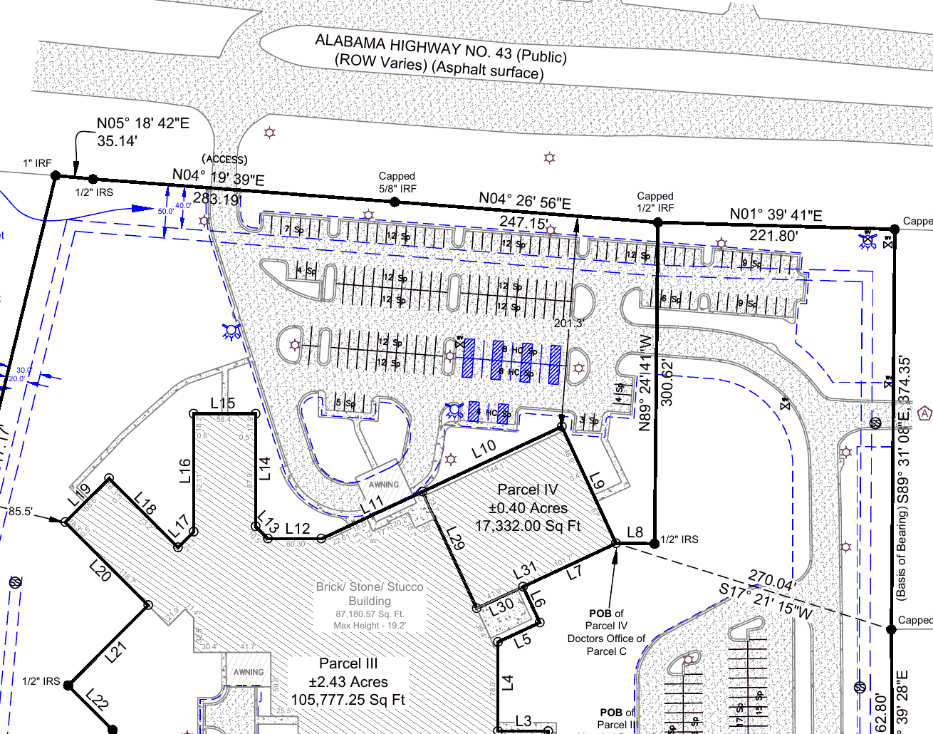 Detail of a DIMCO ALTA/NSPS survey drawing showing boundary bearings, parcels and site improvements
