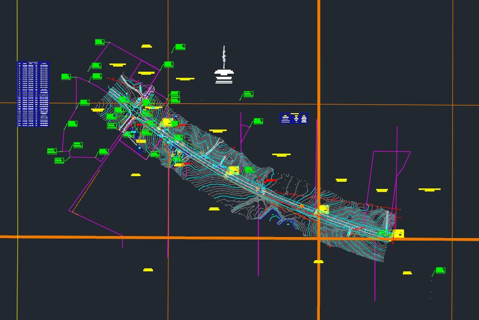 CAD drawing with surveyed contours, parcel lines and coordinate table